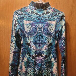 Psychedelic Blue Jumpsuit Long Sleeve Spandex Bodysuit - Women's Medium